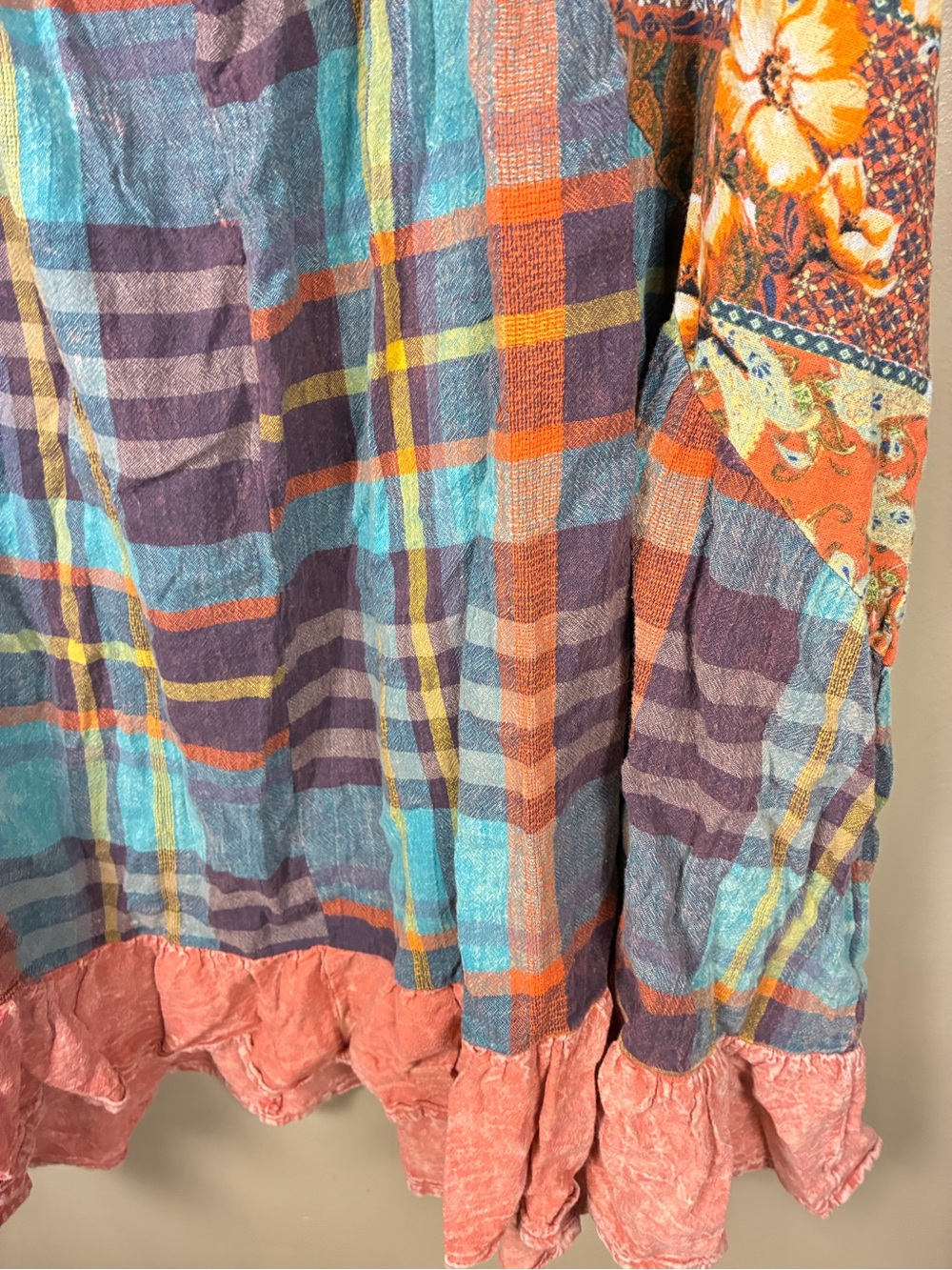 Oil & Hali Floral Patchwork Plaid V Neck Oversized Tunic Dress - Picture 3 of 14